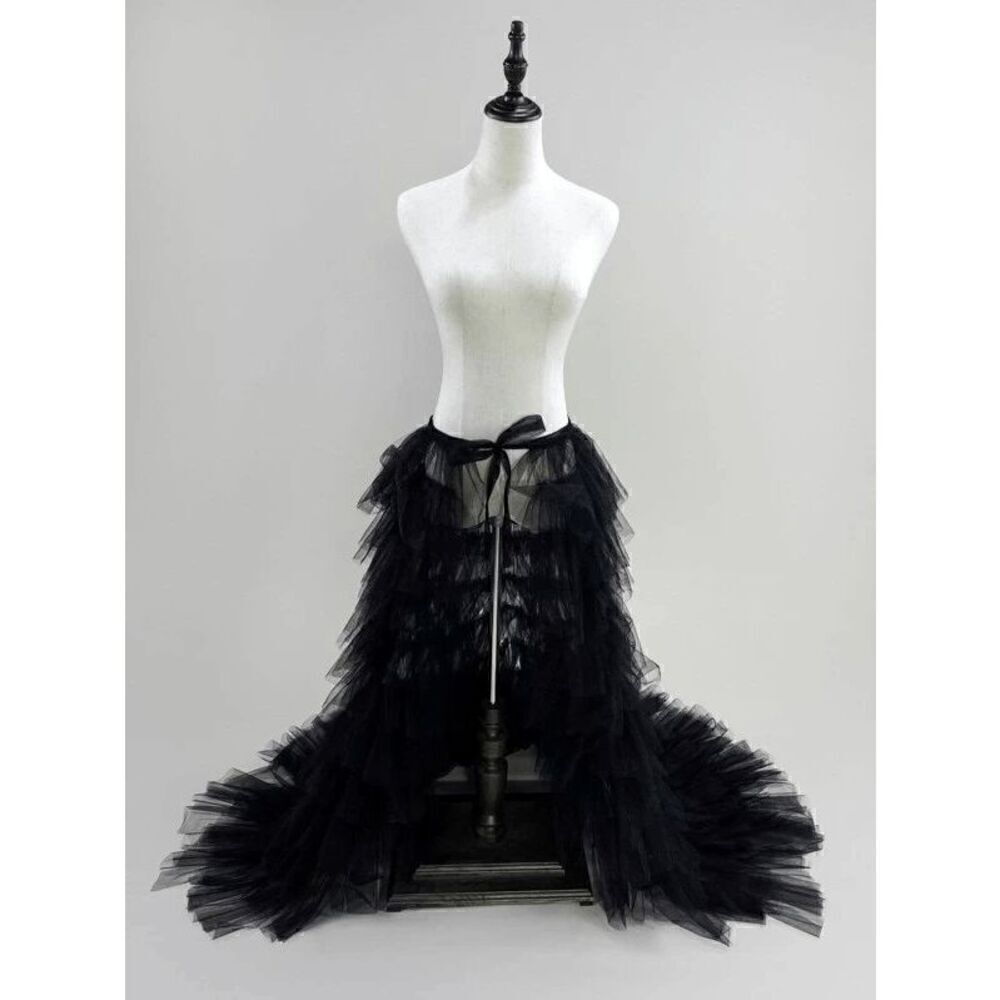 🖤 NEW Goth Tier Layered Tulle Mesh Petticoat Train Wrap Hi-Lo Black Open Skirt